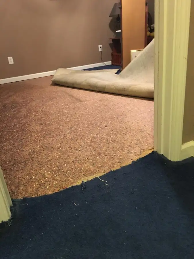 Carpet pad removal revealing water damage during Drying & Dehumidification in Piedmont